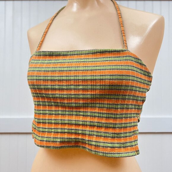 silence + noise Tops - Silence and Noise Ribbed Stripe Halter Crop Top Orange Green Black Neck Tank Y2K